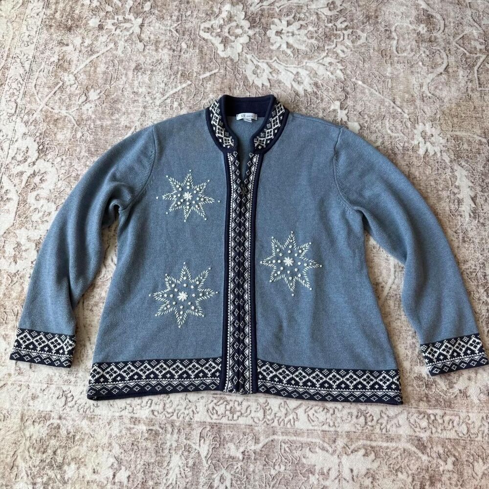 Vintage Tog Shop Snowflake Embroidered Zip Up Cardigan